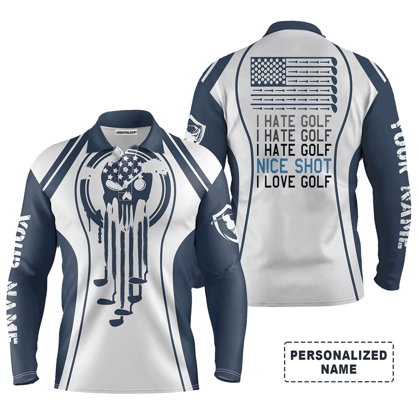 Custom Golf Long Sleeve Men Polo Shirt - Custom Name Skull Blue White Apparel - I Hate Golf Nice Shot I Love Golf Men Polo Shirt Golf Lover