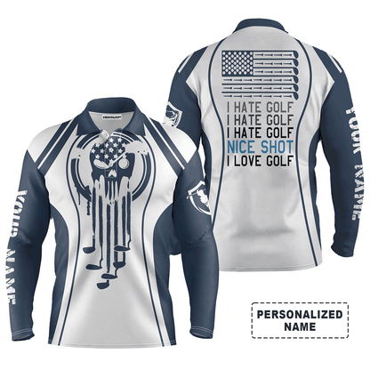 Custom Golf Long Sleeve Men Polo Shirt - Custom Name Skull Blue White Apparel - I Hate Golf Nice Shot I Love Golf Men Polo Shirt Golf Lover
