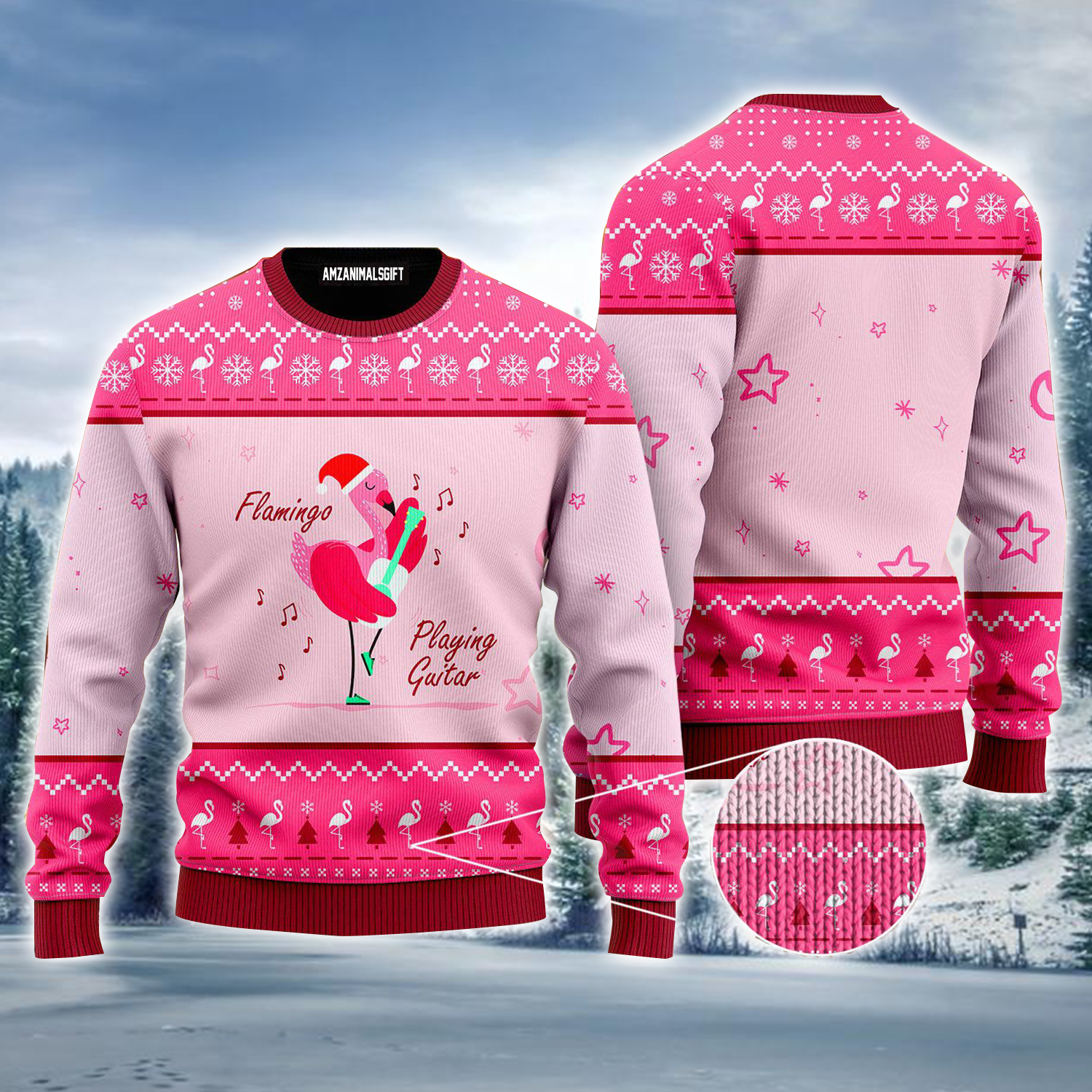 Flamingo Ugly Sweater, Funny Flamingo Playing Guitar Christmas Pink Ugly Sweater For Men & Women, Perfect Gift For Christmas, Friends, Family