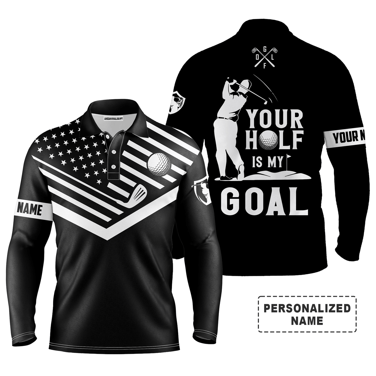 Custom Golf Long Sleeve Men Polo Shirt - Your Hole Is My Goal Custom Name Black American Flag Men Polo Shirt For Golf Lover