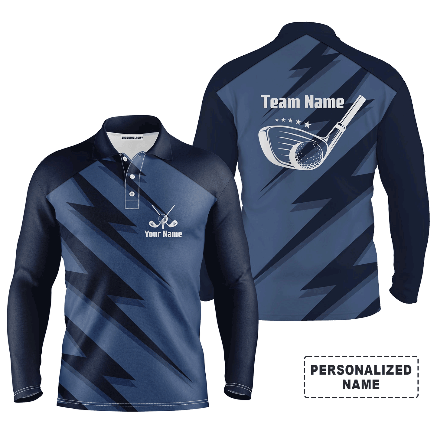 Custom Golf Long Sleeve Men Polo Shirt- Blue Lightning Custom Name And Team Name Golfing Apparel- Perfect Gift For Men, Golf Lover