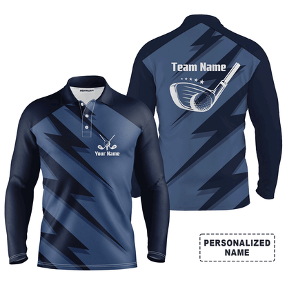 Custom Golf Long Sleeve Men Polo Shirt- Blue Lightning Custom Name And Team Name Golfing Apparel- Perfect Gift For Men, Golf Lover