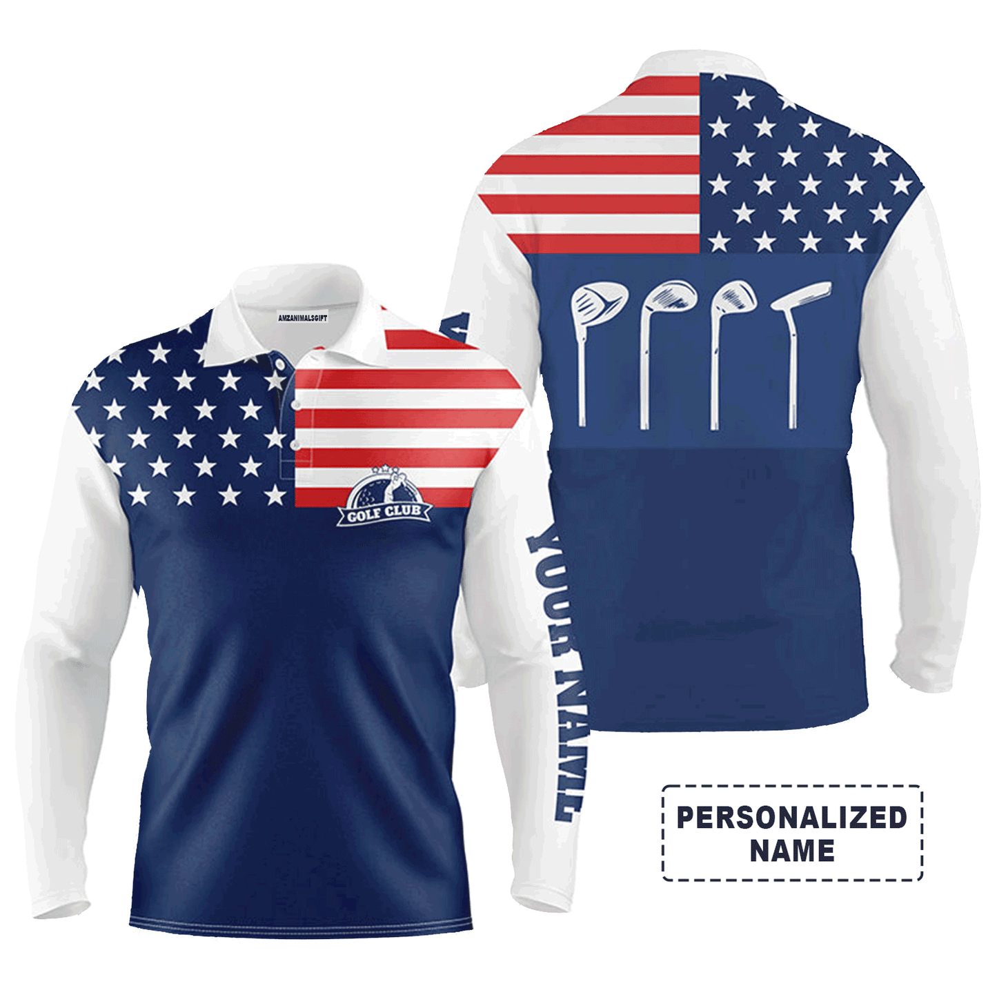 Custom Golf Long Sleeve Men Polo Shirt - Custom Name Golf Club American Flag Patriot Blue Apparel For Men, Golf Lover