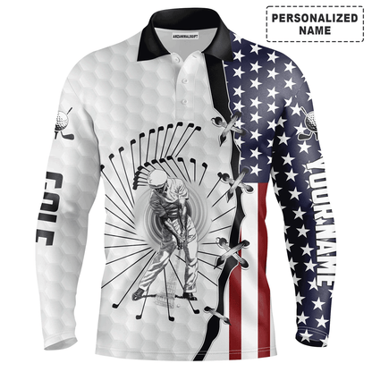 Custom Golf Long Sleeve Men Polo Shirt - American Flag Apparel - Personalized Gift For Men, Golf Lover, Husband,  Boyfriend, 4th Of July