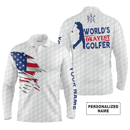 Custom Golf Long Sleeve Men Polo Shirt- Custom Name White American Flag Apparel, World's Okayest Golfer Men Golf Polo Shirt