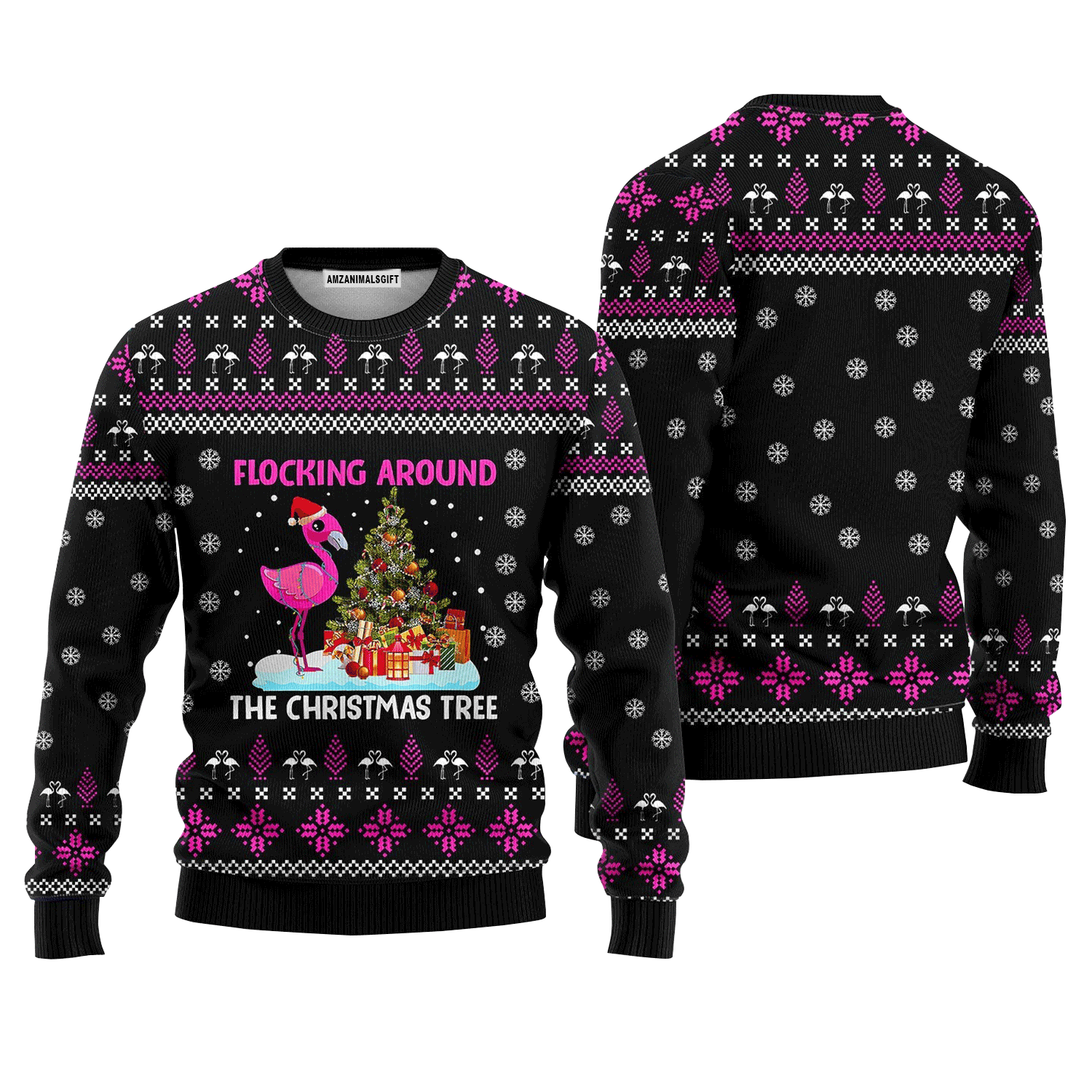 Funny Flamingo Flocking Around The Christmas Tree Sweater, Ugly Sweater For Men & Women, Perfect Outfit For Christmas New Year Autumn Winter