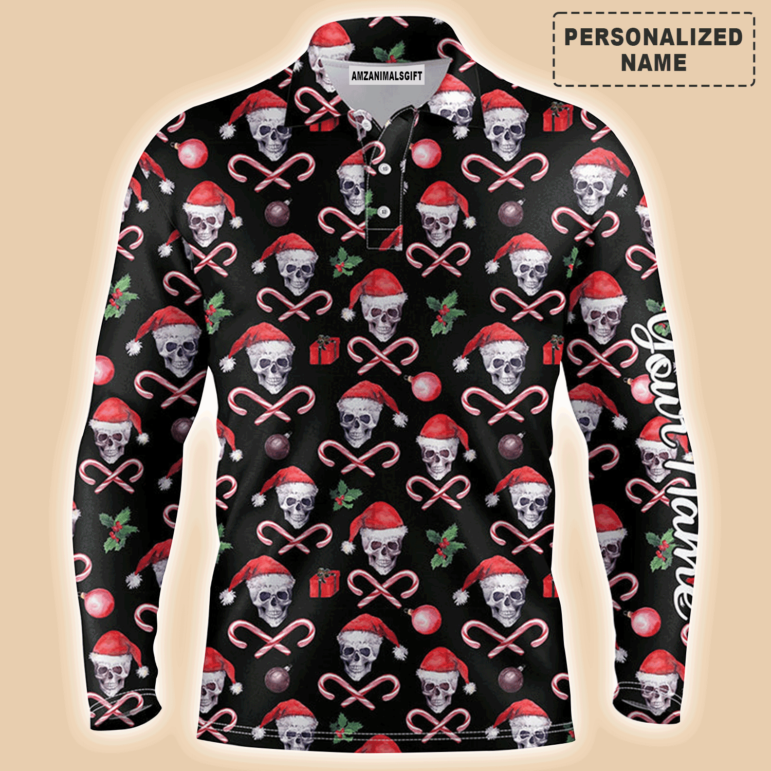 Custom Golf Long Sleeve Men Polo Shirt- Funny Black Christmas Skull Pattern Custom Name Apparel Men Polo Shirt- Personalized Gift For Golf Lover, Team