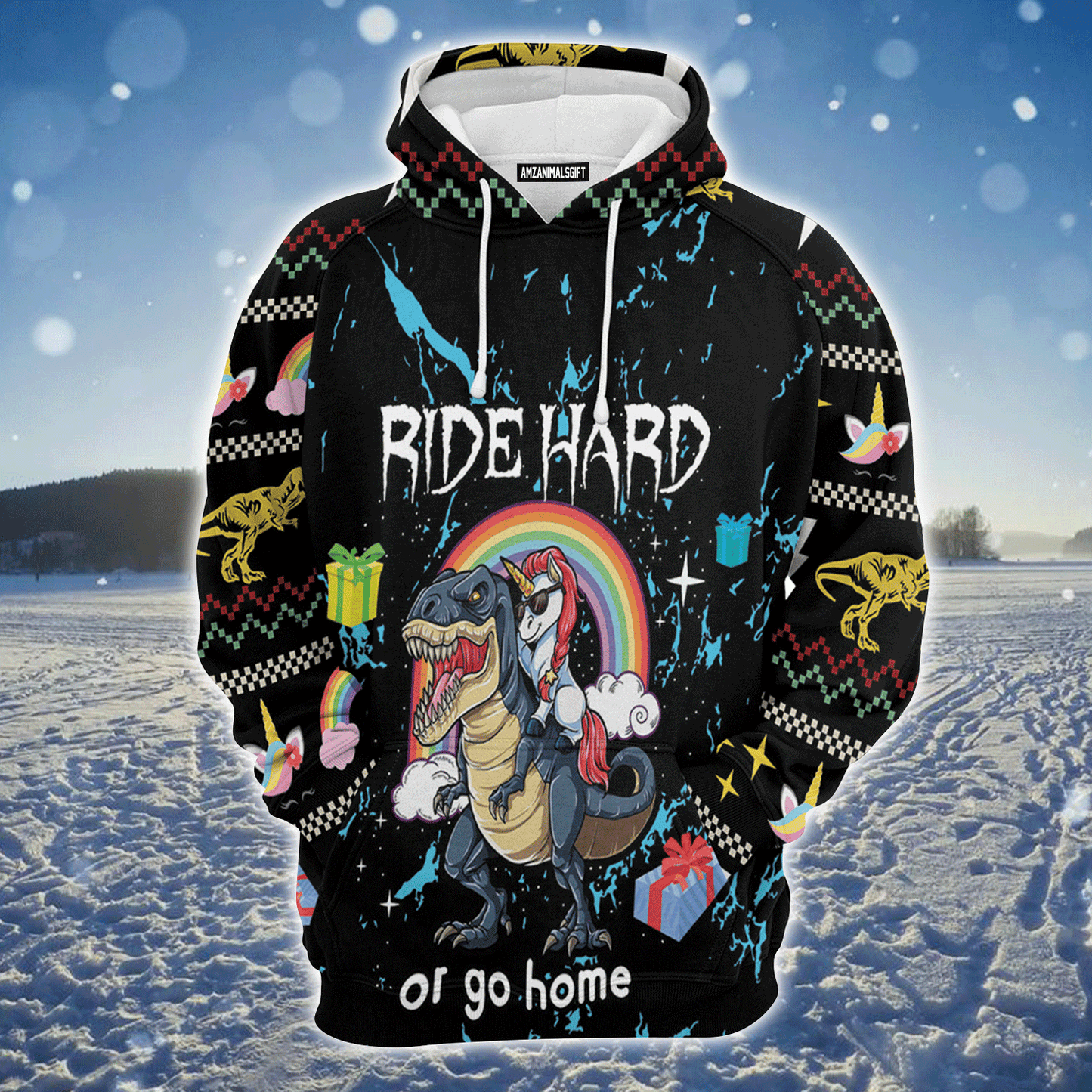 Dinosaur Unicorn Premium Christmas Hoodie, Dinosaur Unicorn Ride Hard Or Go Home Unisex Hoodie For Men & Women - Perfect Gift For Christmas, Dinosaur Unicorn Lover