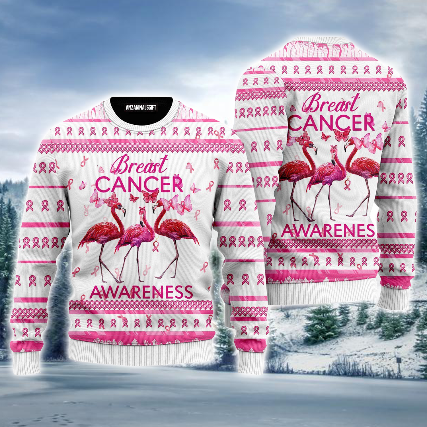 Flamingo Ugly Sweater, Flamingo Breast Cancer Awareness Ugly Sweater For Men & Women, Perfect Gift For Christmas, Friends, Family