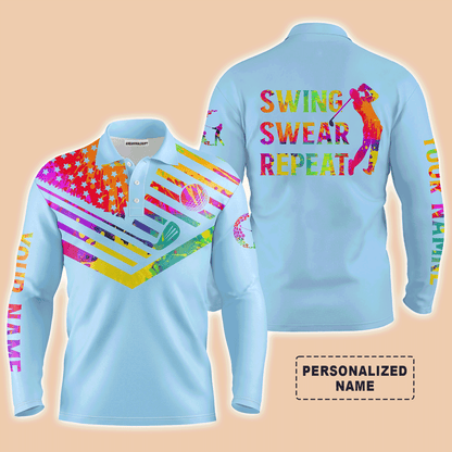 Custom Golf Long Sleeve Men Polo Shirt, Custom Name Watercolor American Flag Swing Swear Repeat Apparel - Perfect Gift For Men, Golf Lover