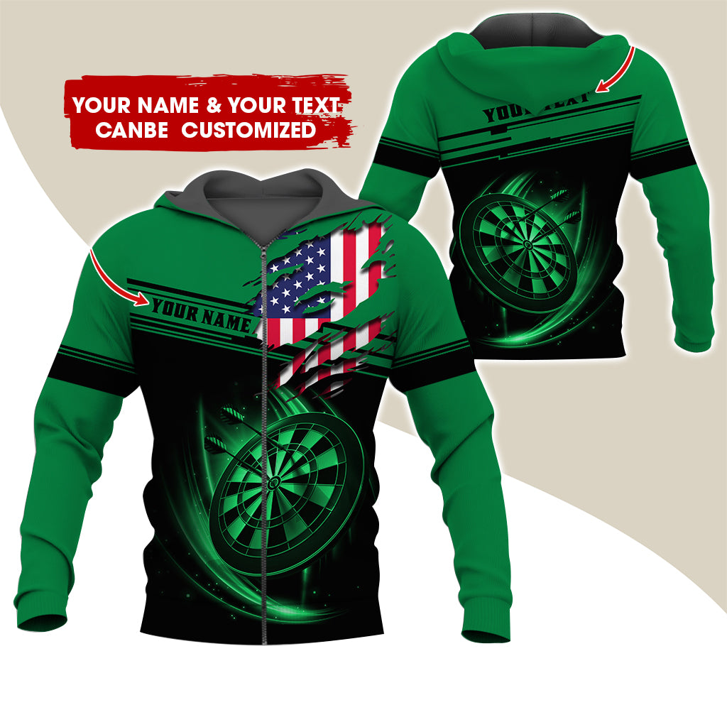 Custom Name & Text Darts Premium Zip Hoodie, Customized Name American Flag Darts Zip Hoodie For Men & Women - Gift For Darts Lovers, Darts Players