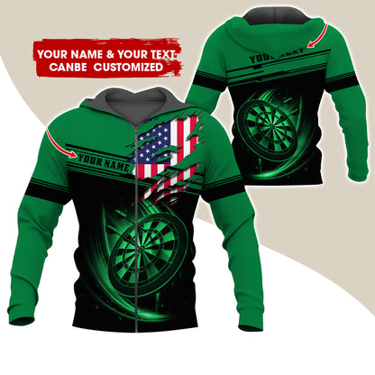 Custom Name & Text Darts Premium Zip Hoodie, Customized Name American Flag Darts Zip Hoodie For Men & Women - Gift For Darts Lovers, Darts Players