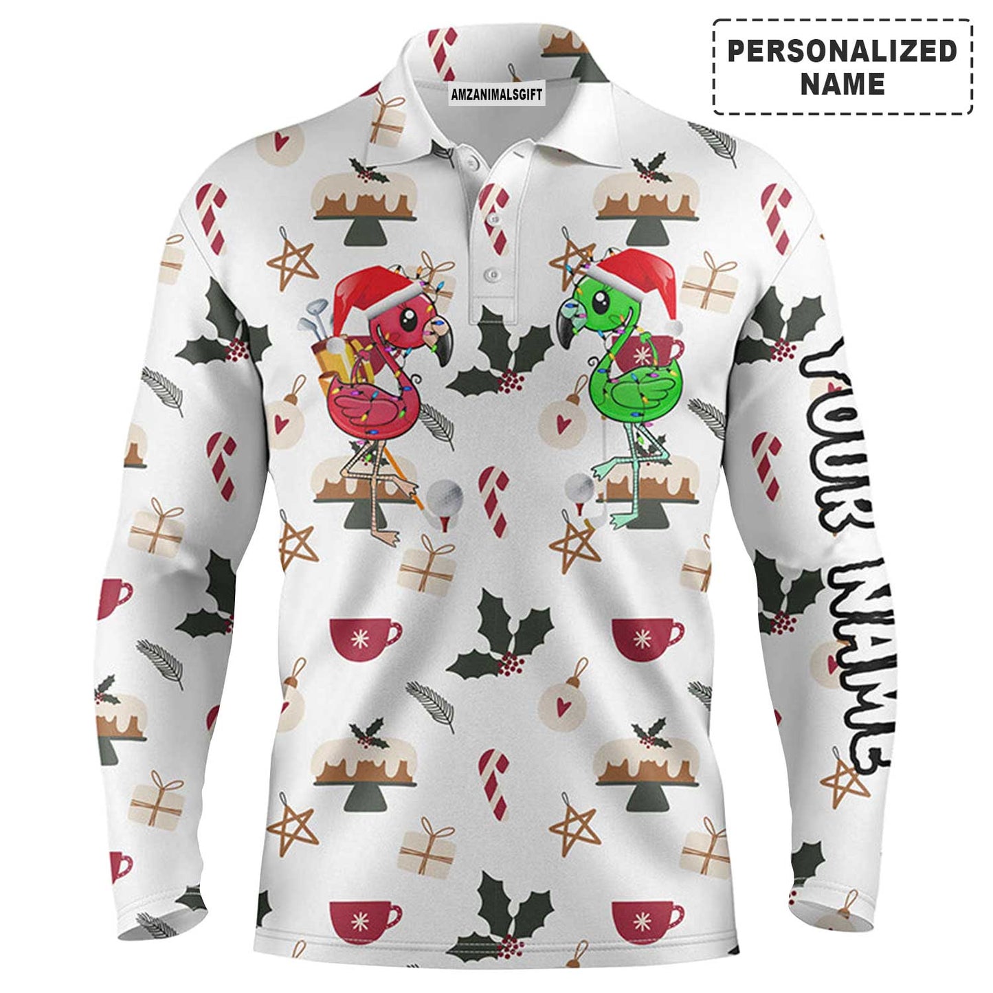 Custom Golf Long Sleeve Men Polo Shirt - Funny Christmas Background Golf Friends Custom Name Apparel Men Polo Shirt - Personalized Gift For Men, Golf Lover