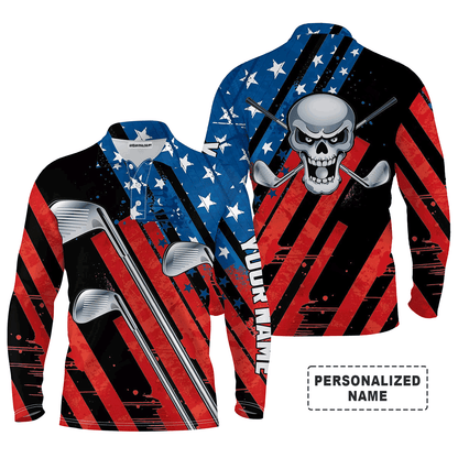 Custom Golf Long Sleeve Men Polo Shirt - American Flag 4th July Skull Golf Clubs Custom Name Apparel - Personalized Gift For Men, Golf Lover