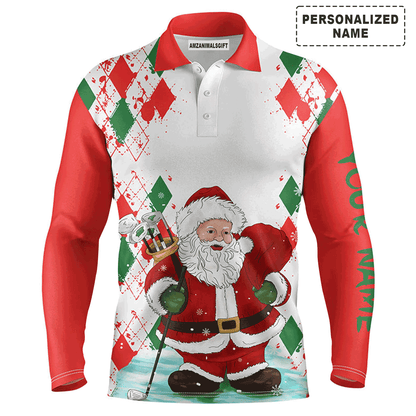 Custom Golf Long Sleeve Men Polo Shirt - Christmas Santa Golfer Custom Name Apparel - Personalized Gift For Golf Lover, Team, Husband, Boyfriend, Men