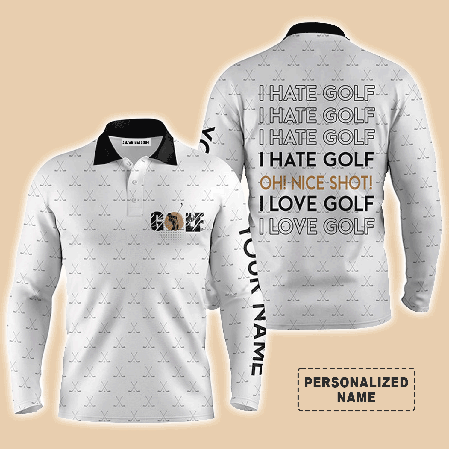 Custom Golf Long Sleeve Men Polo Shirt-Golf Clubs Pattern Custom Name Apparel, I Hate Golf Nice Shot I Love Golf-Personalized Gift For Men, Golf Lover