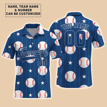 Customized Baseball Men Polo Shirt, Custom Navy Baseball Striped Pattern Custom Polo Shirt - Perfect Polo Shirt For Men, Baseball Lovers