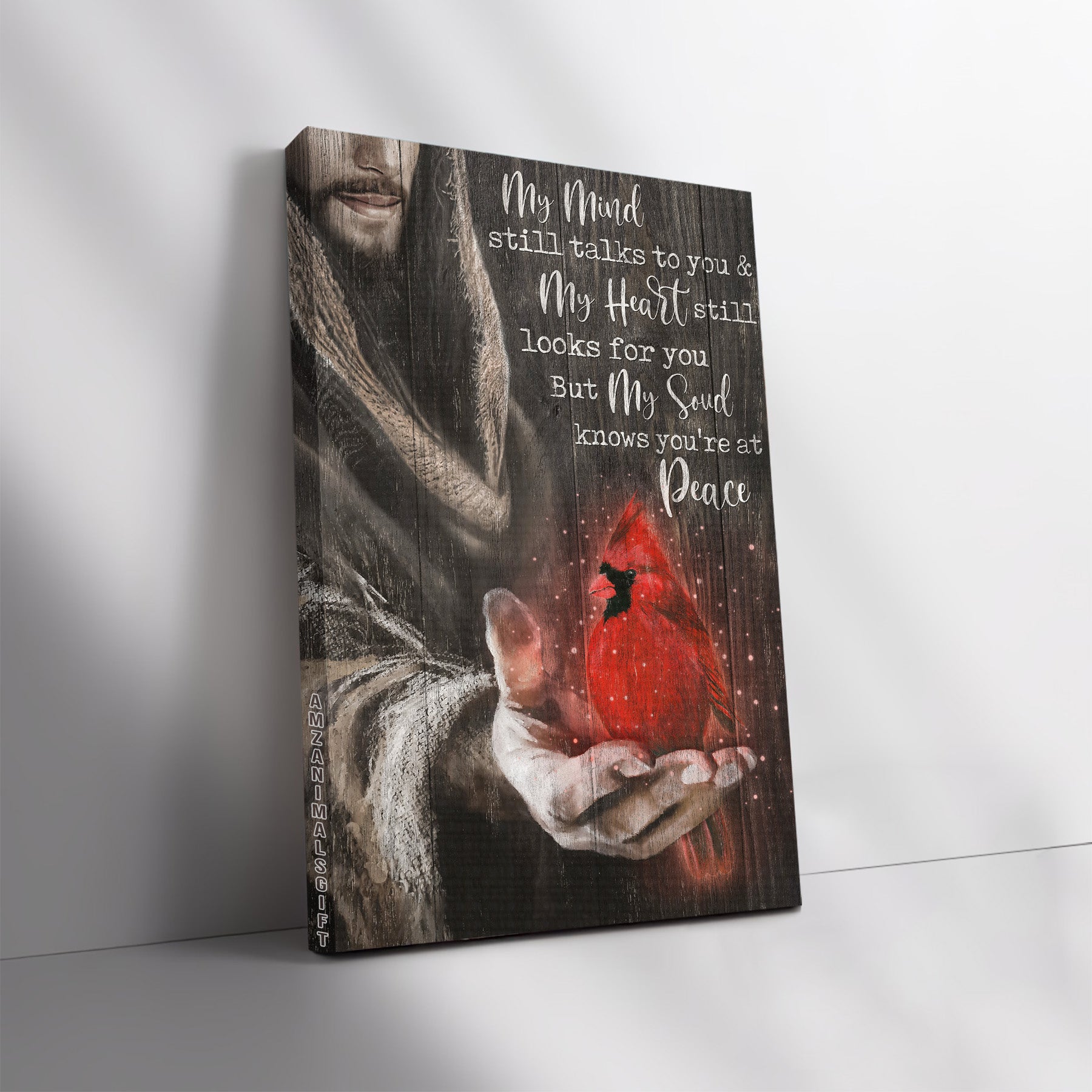 Memorial Premium Wrapped Portrait Canvas - Red Cardinal, Jesus Hand, My Soul Knows You're At Peace - Gift For Members Family