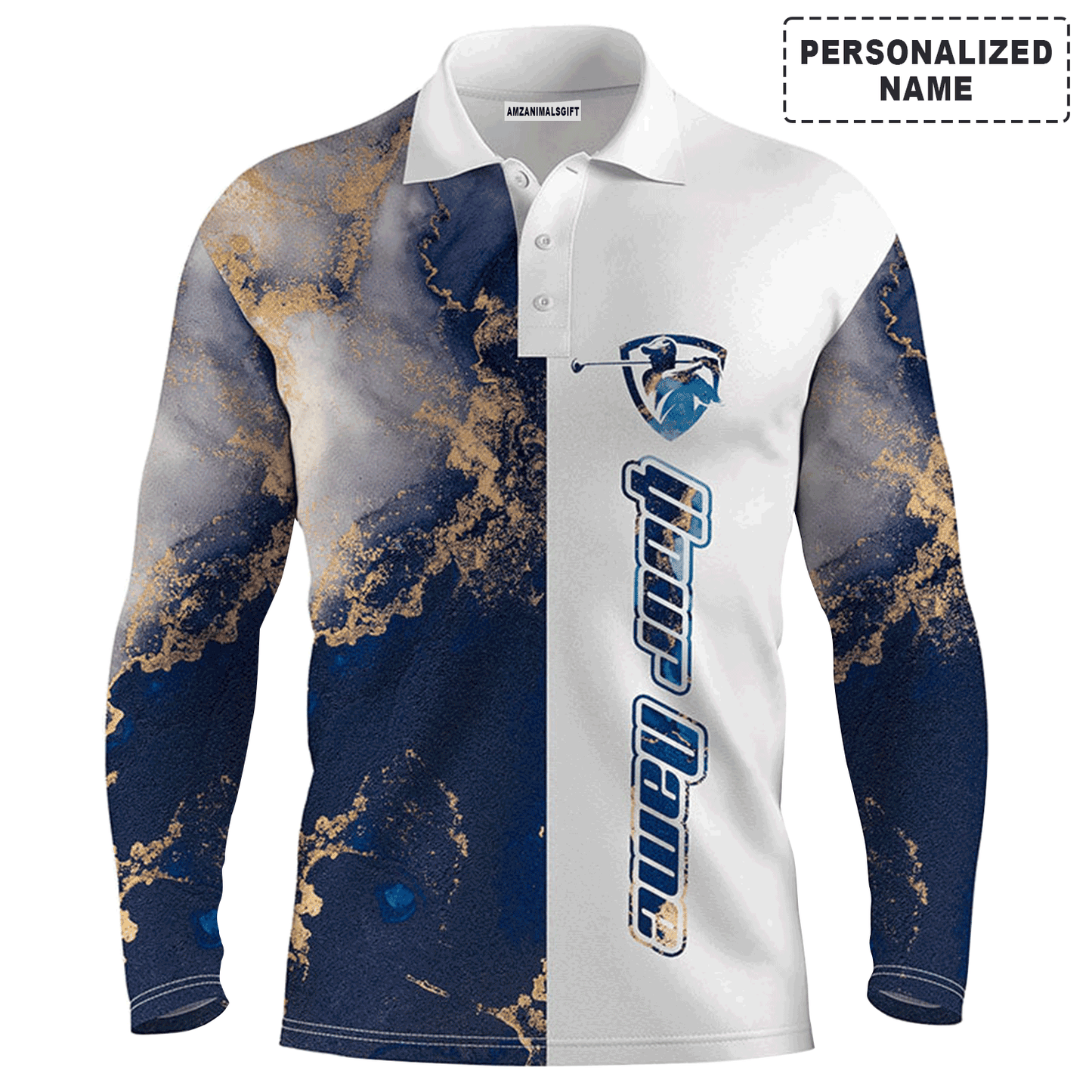 Custom Golf Long Sleeve Men Polo Shirt - Custom Name Blue White Pattern Apparel Men Polo Shirt - Personalized Gift For Men, Golf Lover