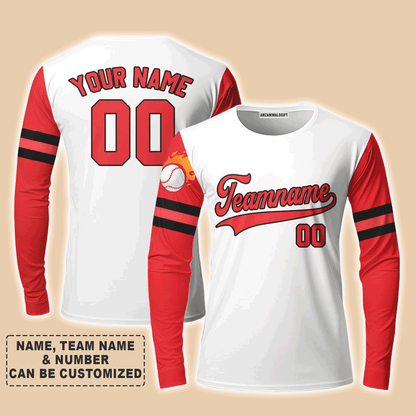 Customized Baseball Long Sleeve Shirt, Texas Fire Baseball White Red Custom Long Sleeve Shirt - Perfect Long Sleeve Shirt For Men & Woman, Baseball Lovers