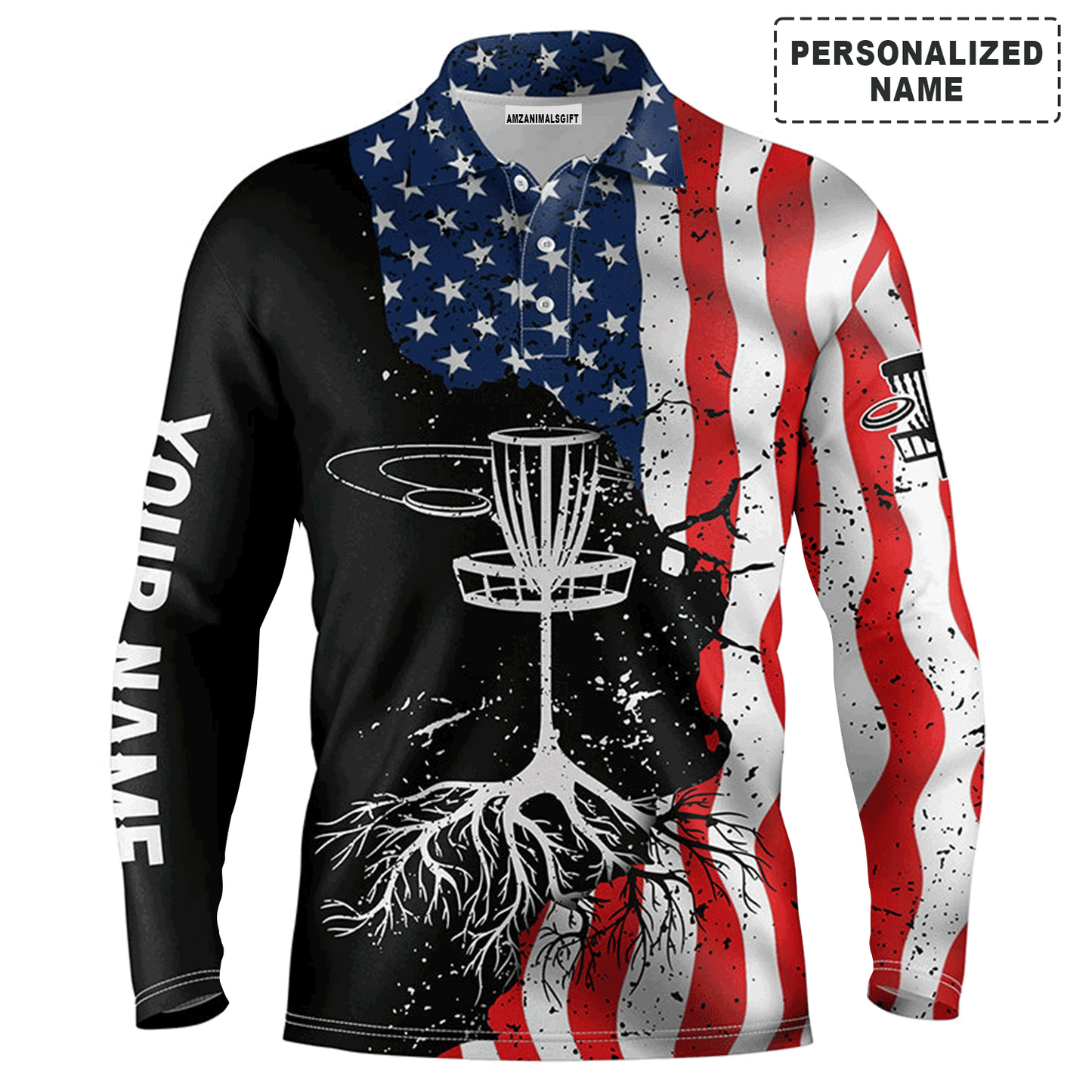 Custom Golf Long Sleeve Men Polo Shirt - Custom Name Vintage American Flag Apparel - Personalized Gift For Men, Disc Golf Lover
