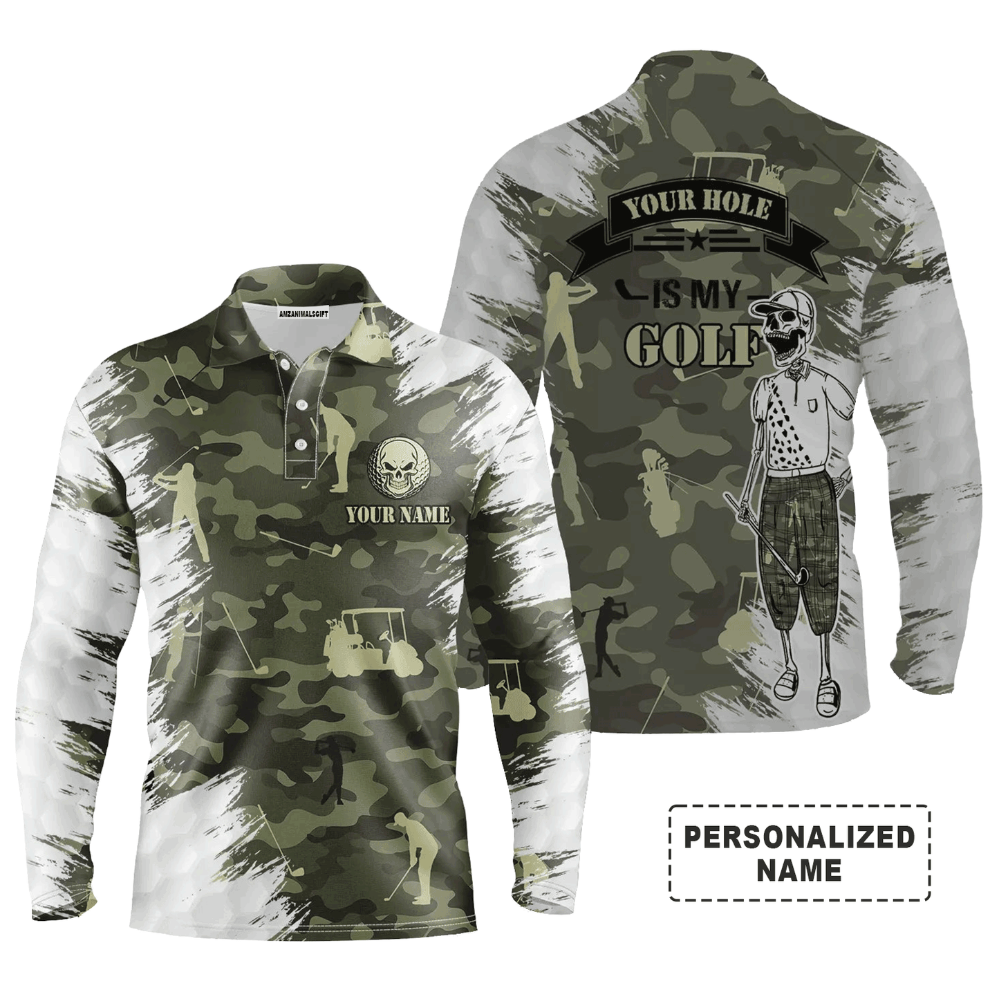 Custom Golf Long Sleeve Men Polo Shirt - Your Hole Is My Goal Skull Camo Pattern Custom Name Men Polo Shirt For Golf Lover
