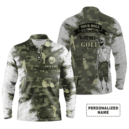 Custom Golf Long Sleeve Men Polo Shirt - Your Hole Is My Goal Skull Camo Pattern Custom Name Men Polo Shirt For Golf Lover