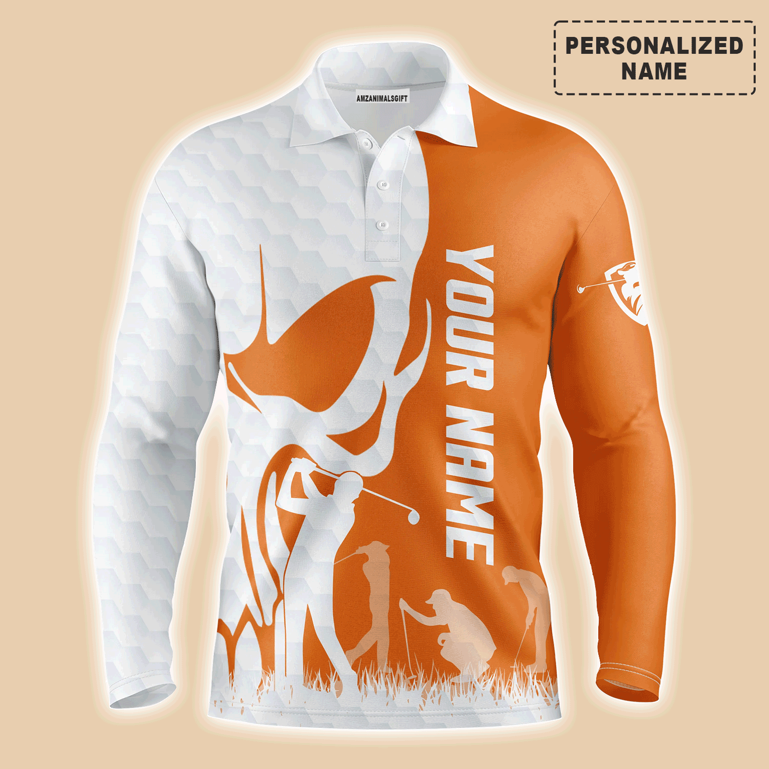 Custom Golf Long Sleeve Men Polo Shirt - Custom Name  Skull White Golf Ball, Orange Apparel - Personalized Gift For Men, Golf Lover