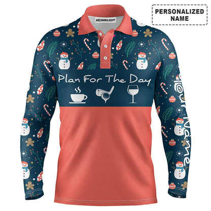 Custom Golf Long Sleeve Men Polo Shirt - Christmas Pattern Snowman Custom Name Apparel, Plan For The Day Coffee Golf Wine - Personalized Gift For Men, Golf Lover