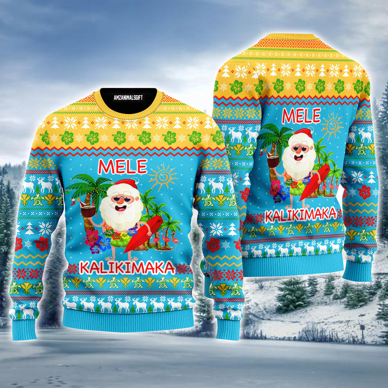 Hawaiian Santa Ugly Sweater, Mele Kalikimaka Ugly Sweater, Funny Hawaiian Santa Claus Blue Ugly Sweater For Men & Women, Perfect Gift For Christmas, Family