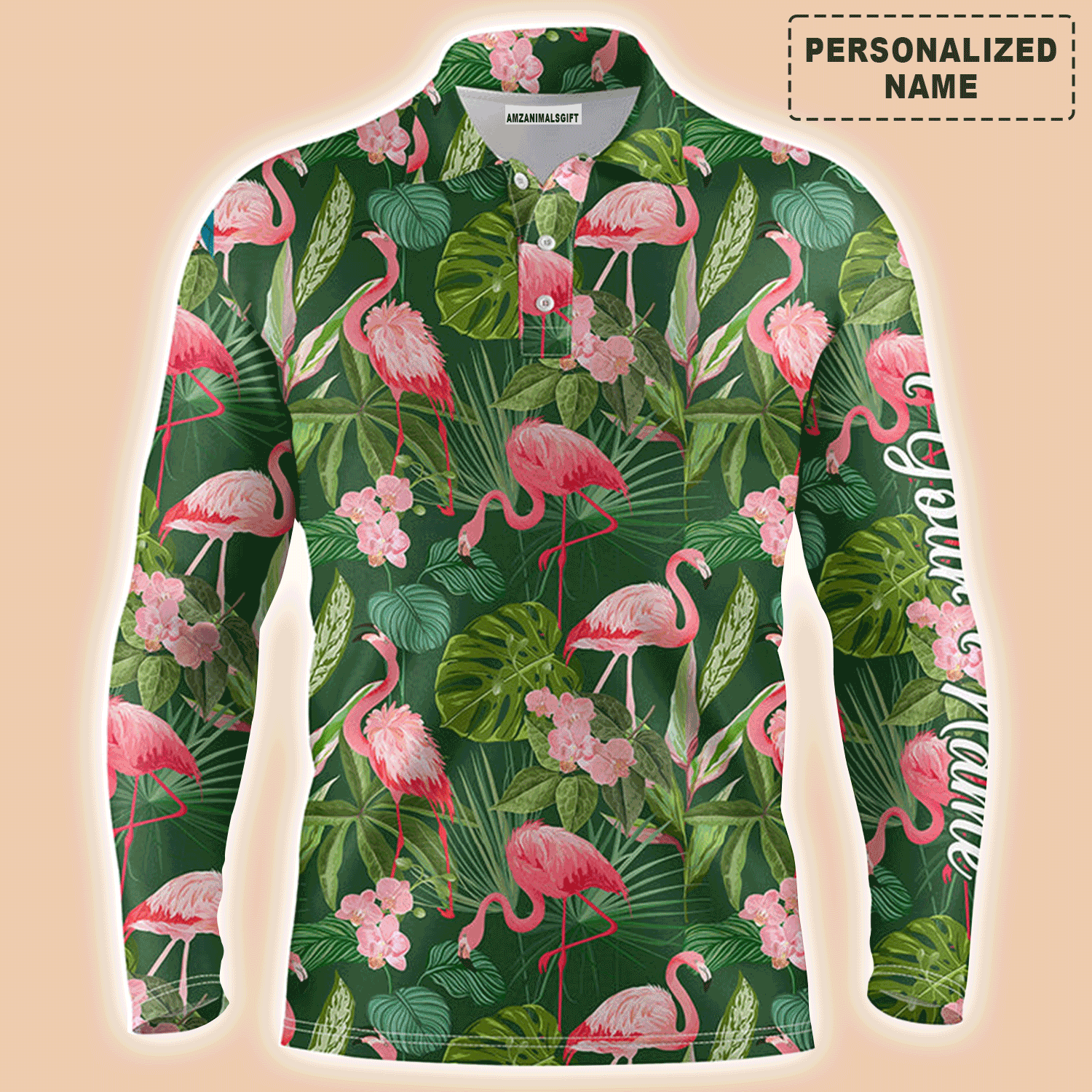 Custom Golf Long Sleeve Men Polo Shirt - Custom Name Flamingo Green Tropical Palm Leaves Pattern Apparel - Personalized Gift For Men, Golf Lover
