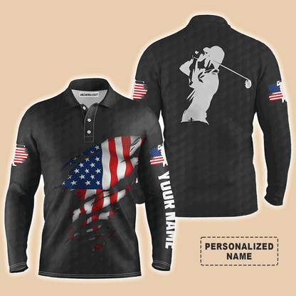 Custom Golf Long Sleeve Men Polo Shirt - Custom Name American Flag Apparel - Personalized Gift For Men, Golf Lover, 4th Of July