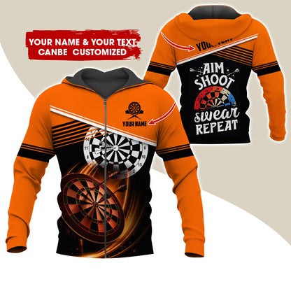 Customized Name & Text Darts Premium Zip Hoodie, Personalized Aim Shoot Sweat Repeat Zip Hoodie For Men & Women - Gift For Darts Lovers, Darts Players