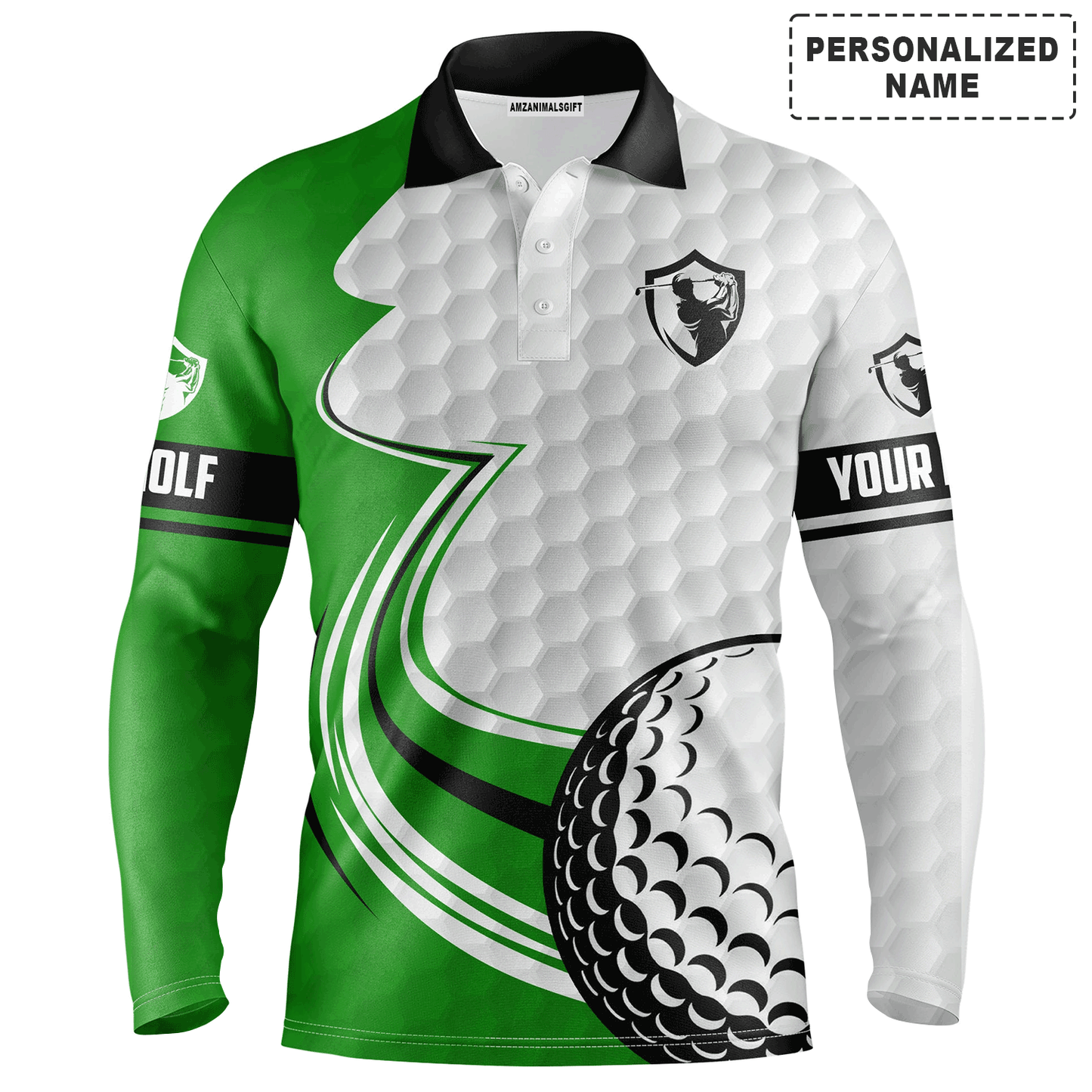 Custom Golf Long Sleeve Men Polo Shirt, Custom Name Green And White Golf Ball Apparel, Personalized Sports Gift For Men, Golf Lover