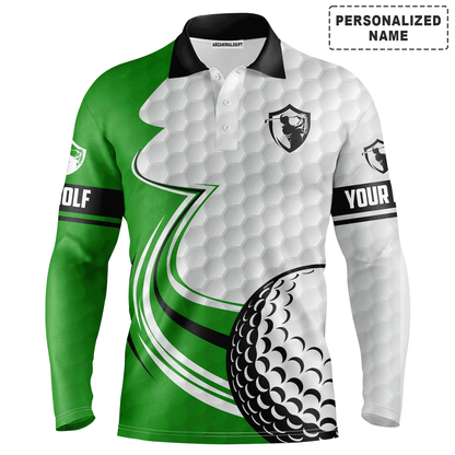 Custom Golf Long Sleeve Men Polo Shirt, Custom Name Green And White Golf Ball Apparel, Personalized Sports Gift For Men, Golf Lover