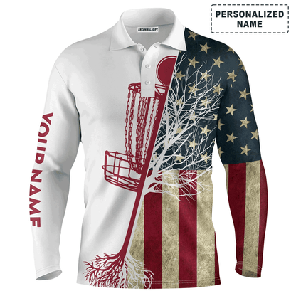 Custom Disc Golf Long Sleeve Men Polo Shirt - Custom Name Vintage American Flag Disc Golf Basket Apparel For Men, Golf Lover