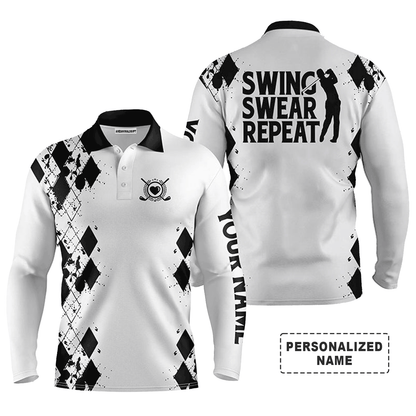Custom Golf Long Sleeve Men Polo Shirt- Custom Name Argyle Black White Swing Swear Repeat Apparel-Perfect Gift For Men, Golf Lover