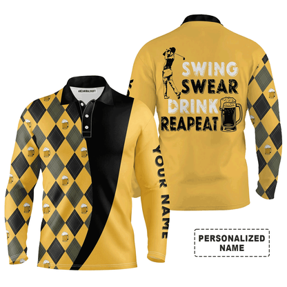 Custom Golf Long Sleeve Men Polo Shirt - Beer And Golf Men Polo Shirt, Swing Swear Drink Repeat Polo Shirt - Perfect Polo Shirt For Men, Golfers