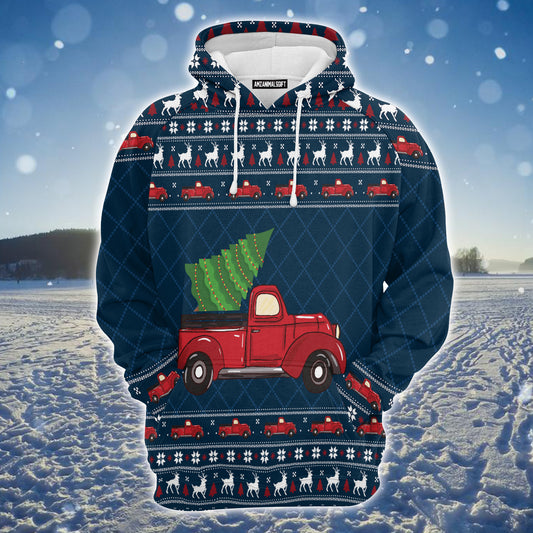 Red Truck Premium Christmas Hoodie, Christmas Tree Pattern Unisex Hoodie For Men & Women - Perfect Gift For Christmas, Friends, Family