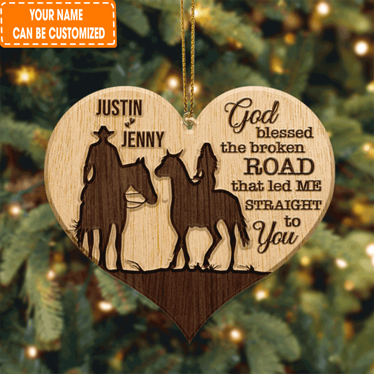 Custom Jesus Acrylic Ornament, Personalized Heart Cowboy And Cowgirl God Blessed Wood Engraved Acrylic Ornament For Christian, Holiday Decor