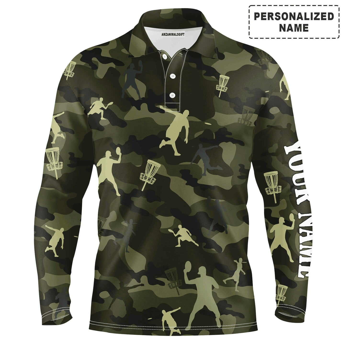 Custom Golf Long Sleeve Men Polo Shirt - Custom Name Green Camo Disc Golf Apparel - Personalized Gift For Men, Disc Golf Lover