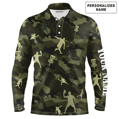 Custom Golf Long Sleeve Men Polo Shirt - Custom Name Green Camo Disc Golf Apparel - Personalized Gift For Men, Disc Golf Lover