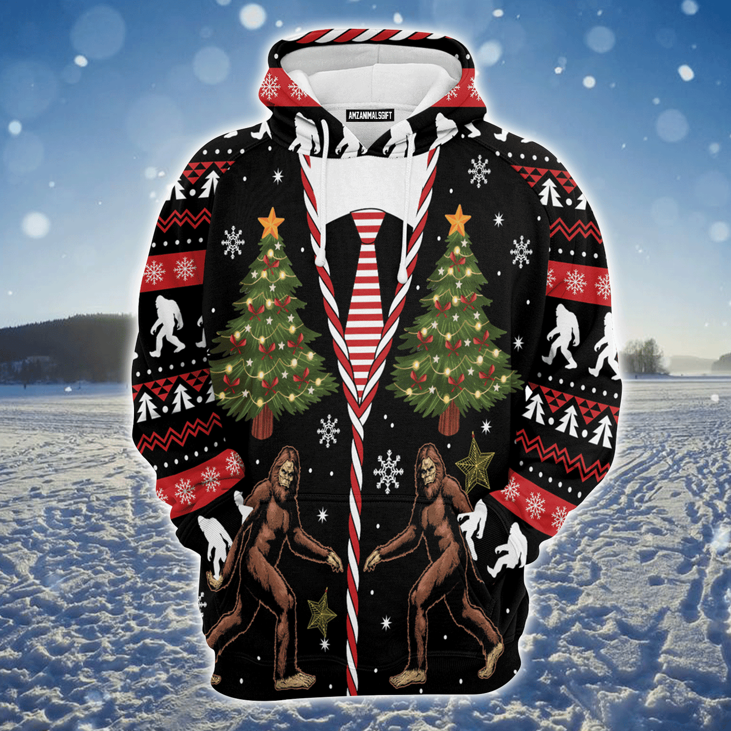 Bigfoot Premium Christmas Hoodie, Vintage Bigfoot Christmas Tree Unisex Red Hoodie For Men & Women - Perfect Gift For Christmas, Family