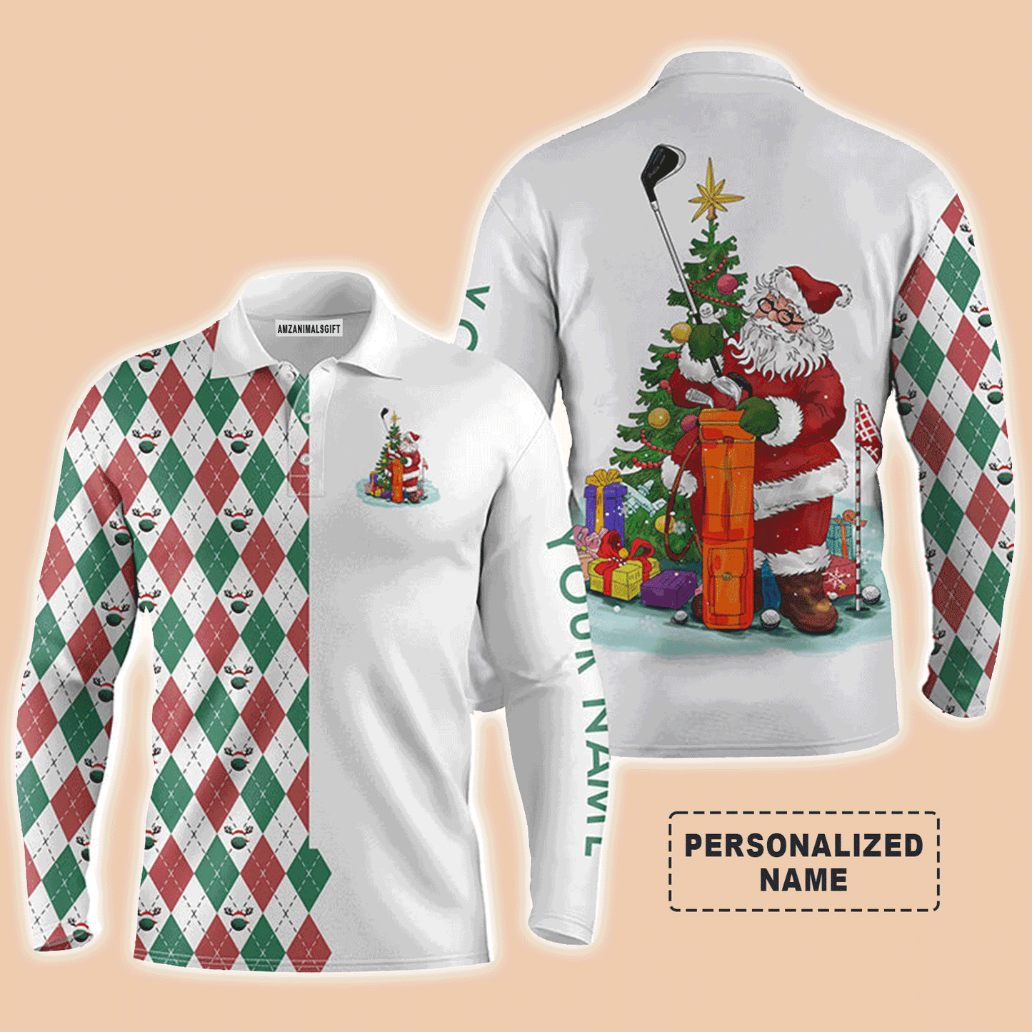 Custom Golf Long Sleeve Men Polo Shirt - Funny Santa Golfer Christmas Golf Ball Pattern Custom Name Apparel - Personalized Gift For Golf Lover, Team