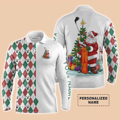 Custom Golf Long Sleeve Men Polo Shirt - Funny Santa Golfer Christmas Golf Ball Pattern Custom Name Apparel - Personalized Gift For Golf Lover, Team