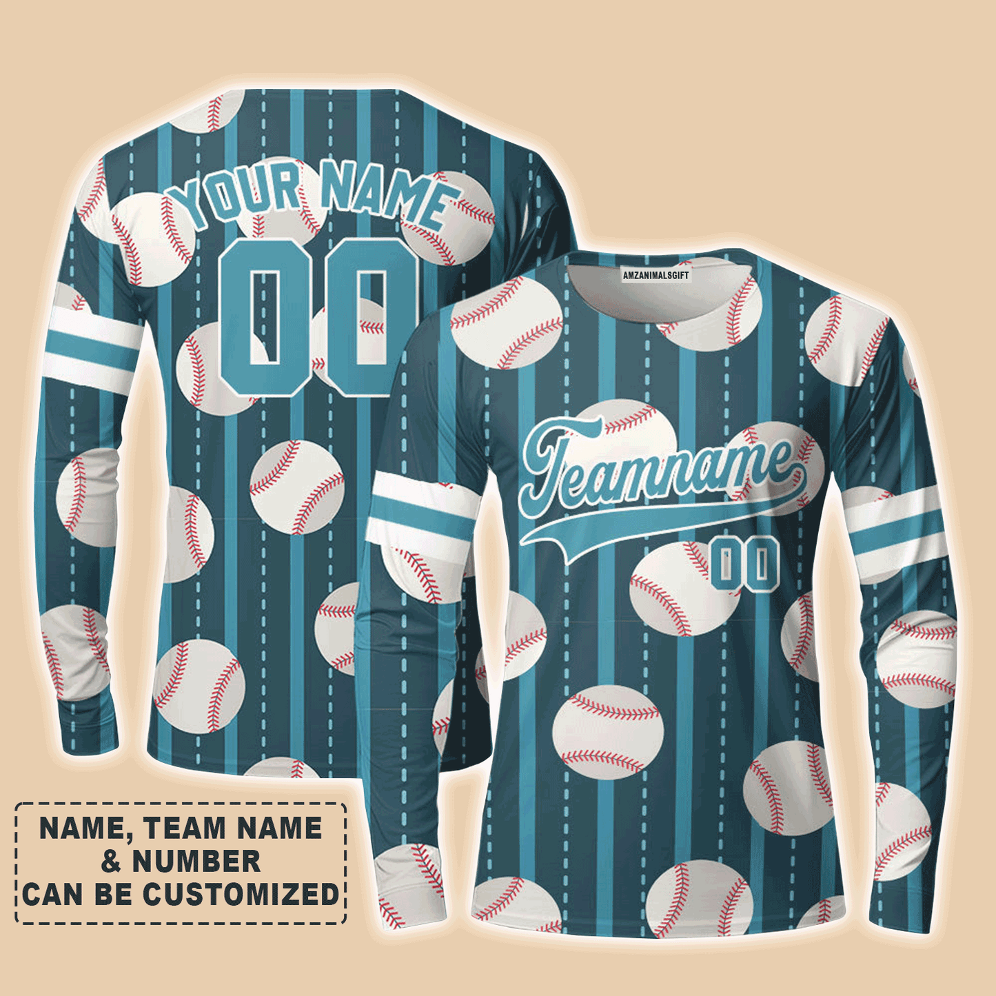 Customized Baseball Long Sleeve Shirt, Teal Baseball Striped Pattern Teal White Custom Long Sleeve Shirt - Perfect Long Sleeve Shirt For Men & Woman, Baseball Lovers