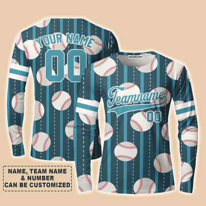 Customized Baseball Long Sleeve Shirt, Teal Baseball Striped Pattern Teal White Custom Long Sleeve Shirt - Perfect Long Sleeve Shirt For Men & Woman, Baseball Lovers