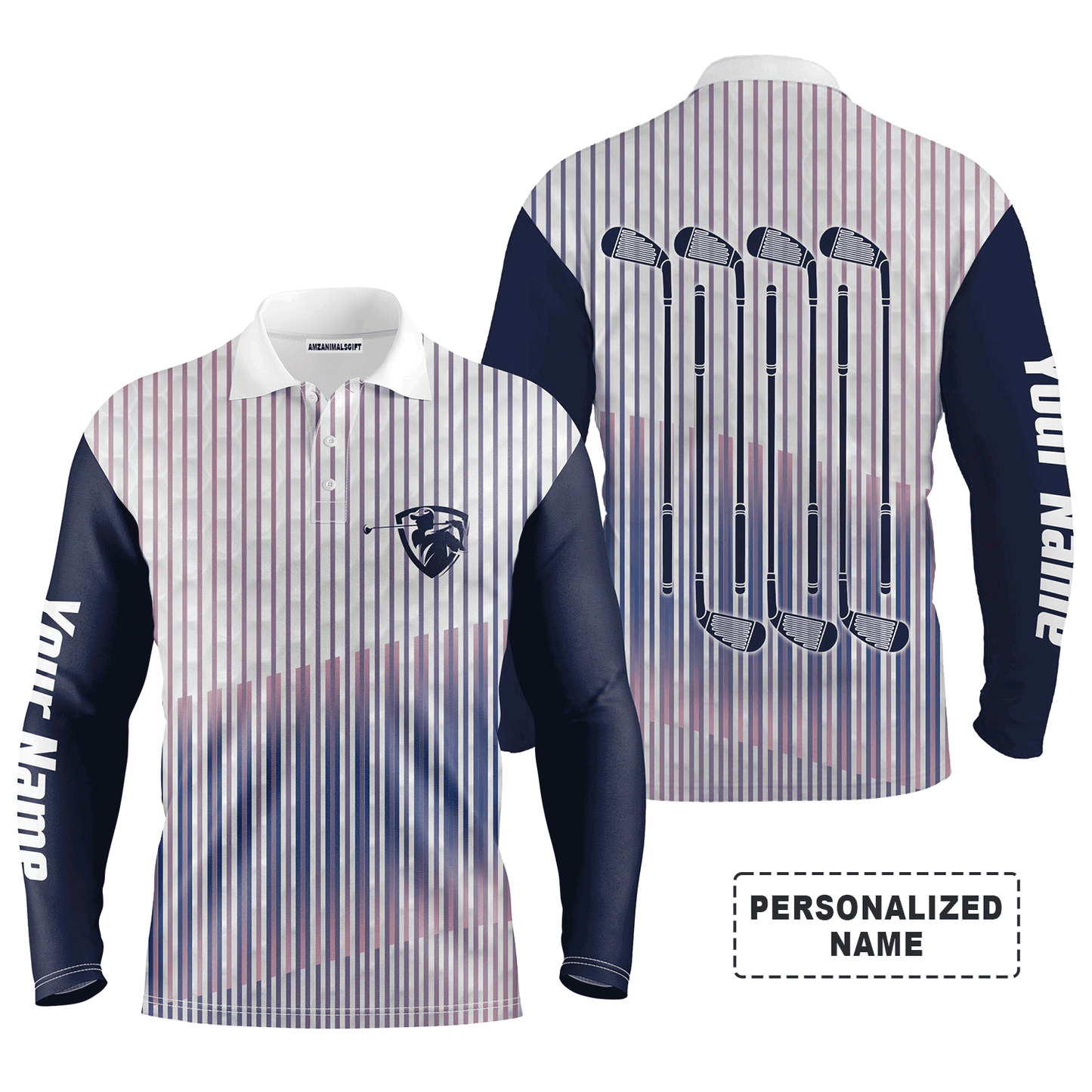 Custom Golf Long Sleeve Men Polo Shirt- Custom Name Stripe Pattern Apparel  Men Polo SHirt - Personalized Gift For Men, Golf Lover