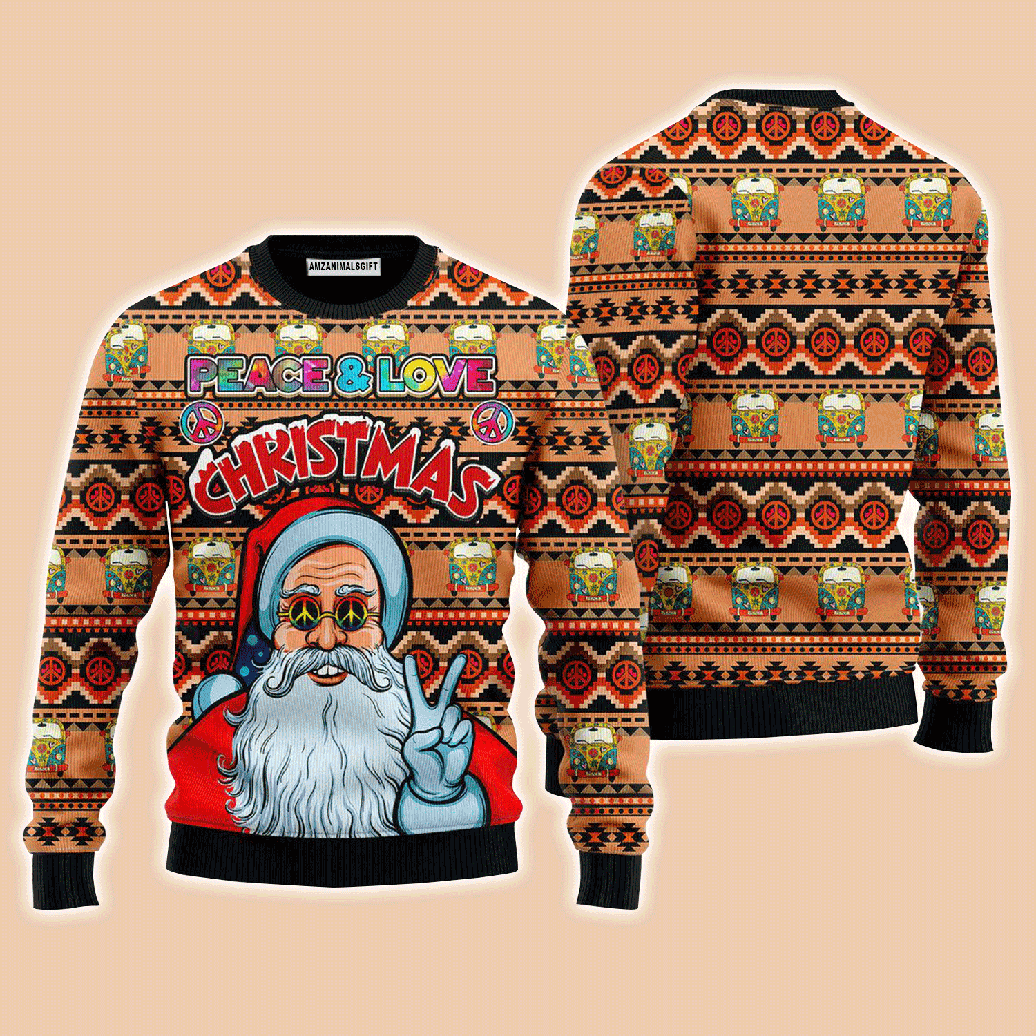 Hippie Santa Claus Sweater Peace And Love, Ugly Sweater For Men & Women, Perfect Outfit For Christmas New Year Autumn Winter