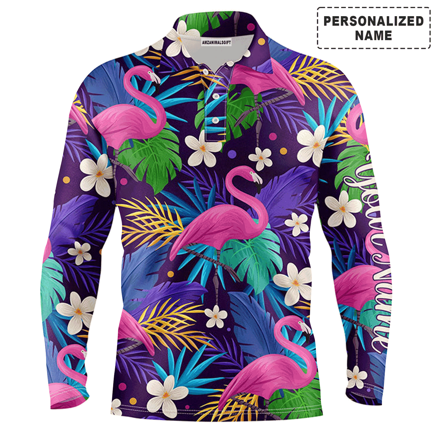 Custom Golf Long Sleeve Men Polo Shirt - Custom Name Colorful Floral Flamingo Pattern Tropical Leaves Apparel For Men, Golf Lover